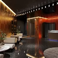 Elegant Modern Hotel Lobby Interior With Wooden Panel Walls Red Sculpture And Ambient Lighting