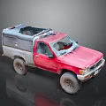 Vintage Red Pickup Truck With Gray Roof Storage Box And Off Road Tires