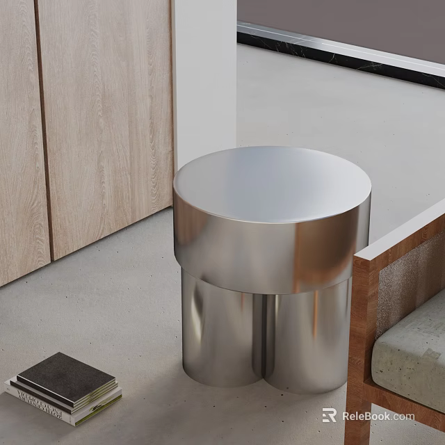 Modern Minimalist Silver Round Side Table with Wooden Cabinet Gray Floor and Notebook 3d model 
