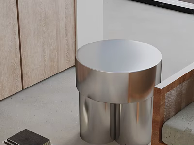 Modern Minimalist Silver Round Side Table with Wooden Cabinet Gray Floor and Notebook 3d model
