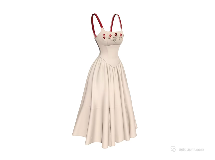 Elegant Beige Dress With Red Straps Decorative Chest Details And Flowy Skirt 3d model 