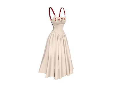 Elegant Beige Dress With Red Straps Decorative Chest Details And Flowy Skirt 3d model