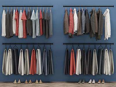 Assorted Clothes Hanging on Black Hangers Against Blue Wall with Shoes 3d model
