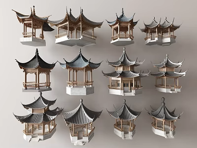 Chinese Traditional Pavilion Models With Various Designs Wooden Structures And Multiple Roof Layers 3d model