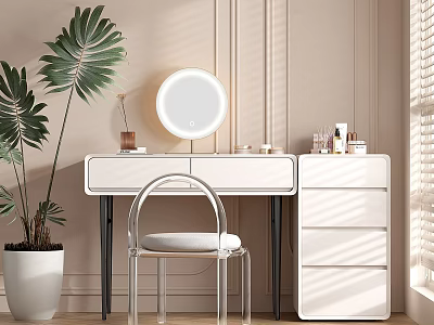 Modern Dressing Table Interior With Round Mirror Storage Drawers Cosmetics And Green Plant 3d model