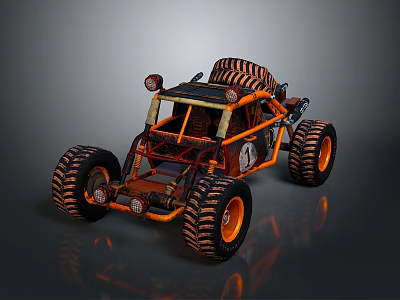 Rustic Off Road Buggy With Orange Black Tires And Metal Frame Structure 3d model