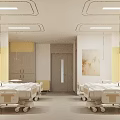 Modern Hospital Ward Interior With White And Yellow Decor Beds Ceiling Lights And Wall Art