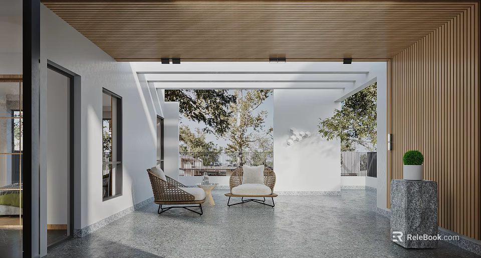 Open Lounge Space With Wooden Ceiling White Walls Wicker Chairs Stone Floor And Trees Outside 3d model 