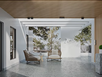 Open Lounge Space With Wooden Ceiling White Walls Wicker Chairs Stone Floor And Trees Outside 3d model