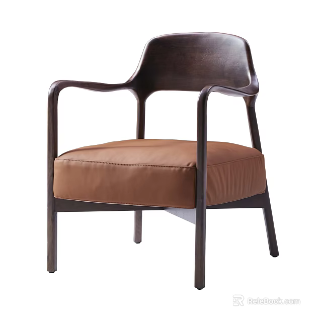 Modern Minimalist Accent Chair With Dark Brown Frame And Brown Leather Cushion 3d model 
