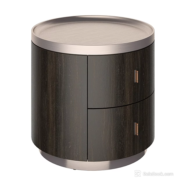 Modern Dark Wooden Nightstand With Round Top Two Drawers And Gold Handles 3d model 
