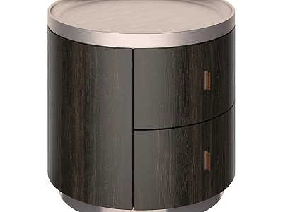 Modern Dark Wooden Nightstand With Round Top Two Drawers And Gold Handles 3d model