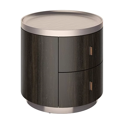 Modern Dark Wooden Nightstand With Round Top Two Drawers And Gold Handles 3d model
