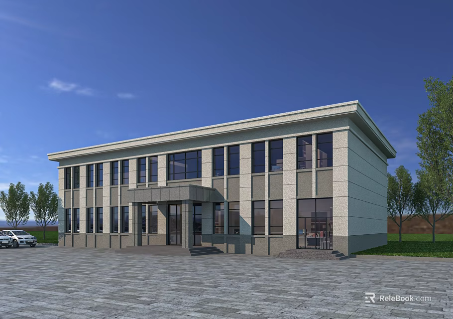 Modern Office Building Exterior with Light-colored Facade Large Windows and Spacious Entrance Surrounded by Trees 3d model 