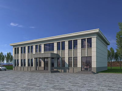 Modern Office Building Exterior with Light-colored Facade Large Windows and Spacious Entrance Surrounded by Trees 3d model