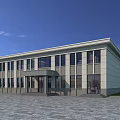 Modern Office Building Exterior with Light-colored Facade Large Windows and Spacious Entrance Surrounded by Trees