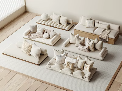 Minimalist Living Room With Multiple Sofas Pillows And Wooden Floor Design 3d model