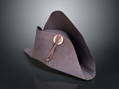 Brown Fabric Tricorne Hat With Metal Badge And Leather Strap 3d model