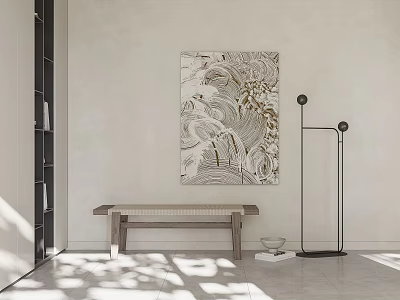 Modern Restaurant Interior With Large Decorative Painting Wooden Bench Floor Lamp And Sunlight Patterns 3d model