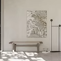 Modern Restaurant Interior With Large Decorative Painting Wooden Bench Floor Lamp And Sunlight Patterns