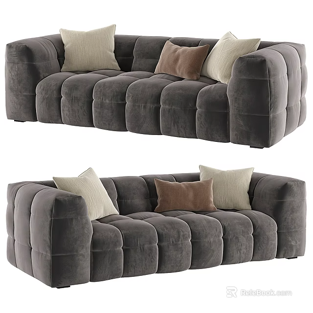 Modern Dark Gray Velvet Sectional Sofa With Decorative Beige And Brown Pillows 3d model 