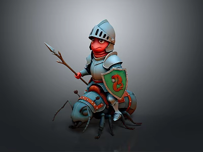 Duck Knight In Armor Riding Giant Ant With Spear And Green Shield Emblem 3d model