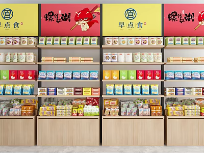 Wooden Display Shelves Featuring Multiple Layers Of Various Packaged Snacks And Breakfast Foods 3d model