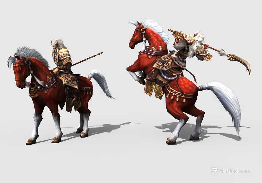 Game Movie Characters Armored Warriors Riding Red Horses With White Mane And Holding Weapons 3d model 