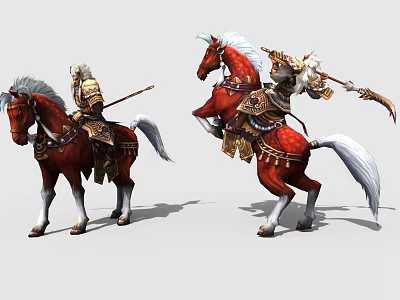 Game Movie Characters Armored Warriors Riding Red Horses With White Mane And Holding Weapons 3d model