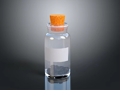 Transparent Glass Bottle With Cork Stopper White Label And Black Granules Inside 3d model