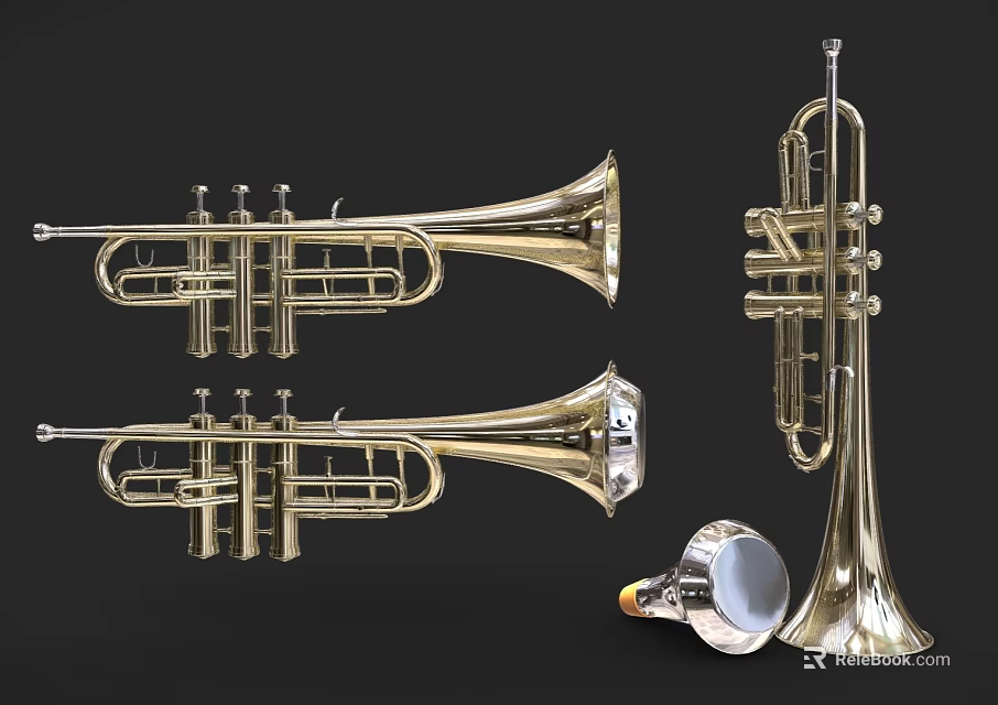 Golden Brass Trumpets Musical Instruments Display With Various Designs And Angles 3d model 