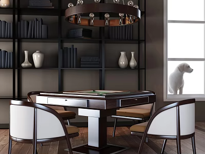 Entertainment Table With Chairs By Window In Room Featuring Bookshelf Vases Chandelier And Puppy 3d model