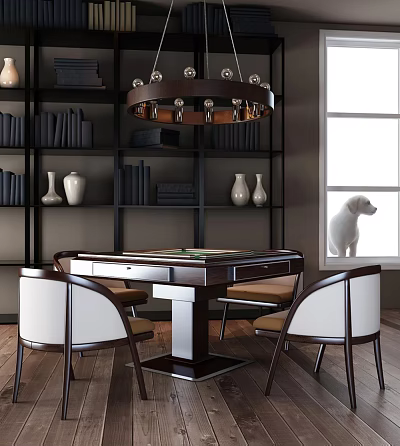 Entertainment Table With Chairs By Window In Room Featuring Bookshelf Vases Chandelier And Puppy 3d model