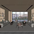 Modern Living Room Interior With Large Windows Bookshelves Sofa And Coffee Table