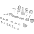 3D Architectural Building Components With Water Towers Columns And Structural Models