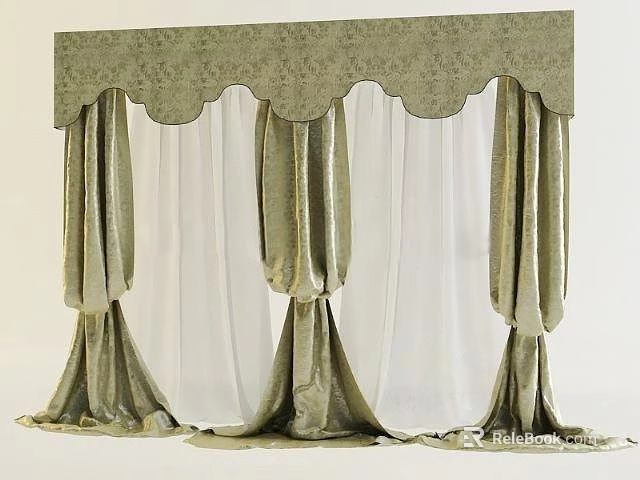 Elegant Patterned Curtain With Valance Layered Sheer Inner And Velvet Outer Fabric 3d model 