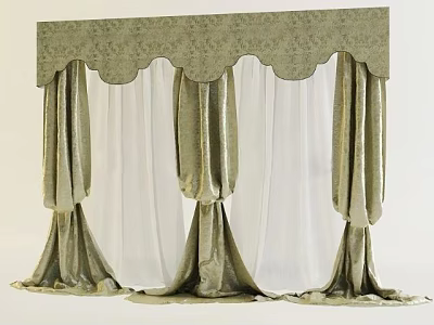 Elegant Patterned Curtain With Valance Layered Sheer Inner And Velvet Outer Fabric 3d model