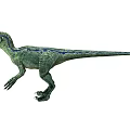 Green Dinosaur With Blue Stripes Standing On White Background And Yellow Eyes