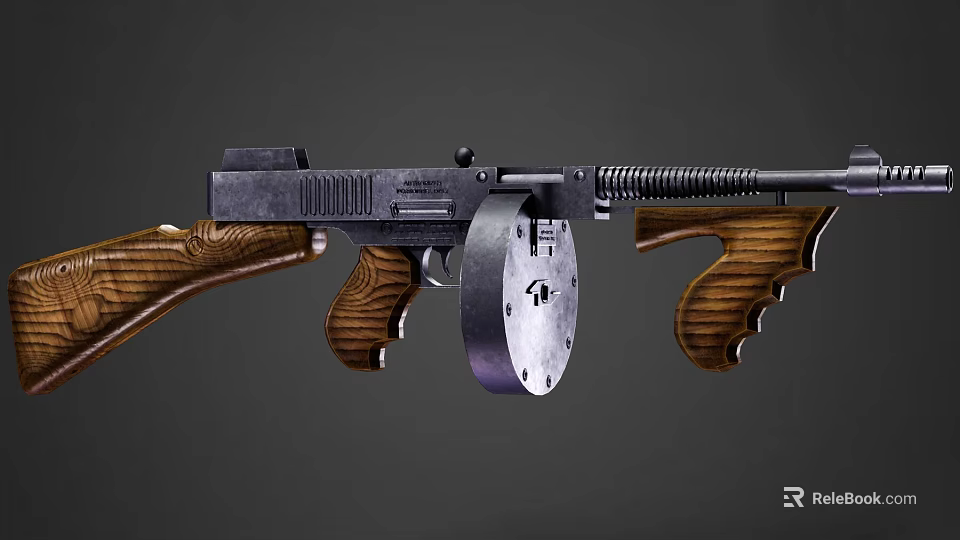 Classic Submachine Gun Featuring Wooden Grip Metal Frame And Drum Magazine 3d model 