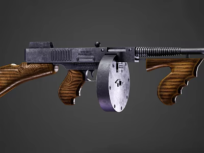 Classic Submachine Gun Featuring Wooden Grip Metal Frame And Drum Magazine 3d model