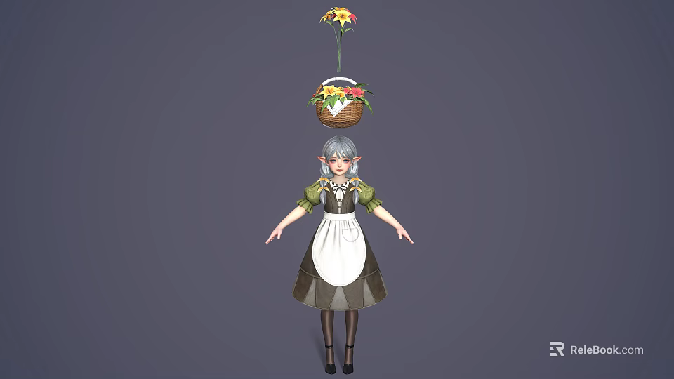 Silver Haired Elf Character In Green Top And Apron With Flower Fruit Basket On Head 3d model 