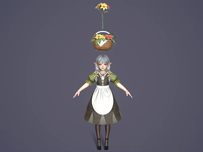 Silver Haired Elf Character In Green Top And Apron With Flower Fruit Basket On Head 3d model