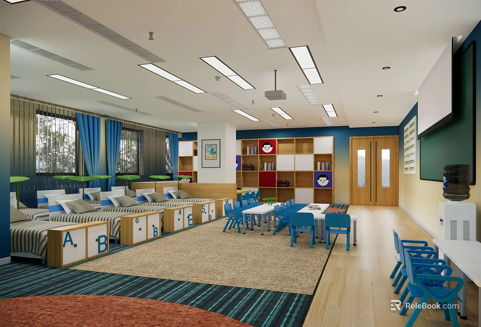 Kindergarten Classroom Interior Featuring Naptime Beds Alphabet Letters Blue Tables And Chairs 3d model 