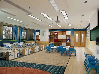 Kindergarten Classroom Interior Featuring Naptime Beds Alphabet Letters Blue Tables And Chairs 3d model