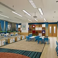 Kindergarten Classroom Interior Featuring Naptime Beds Alphabet Letters Blue Tables And Chairs