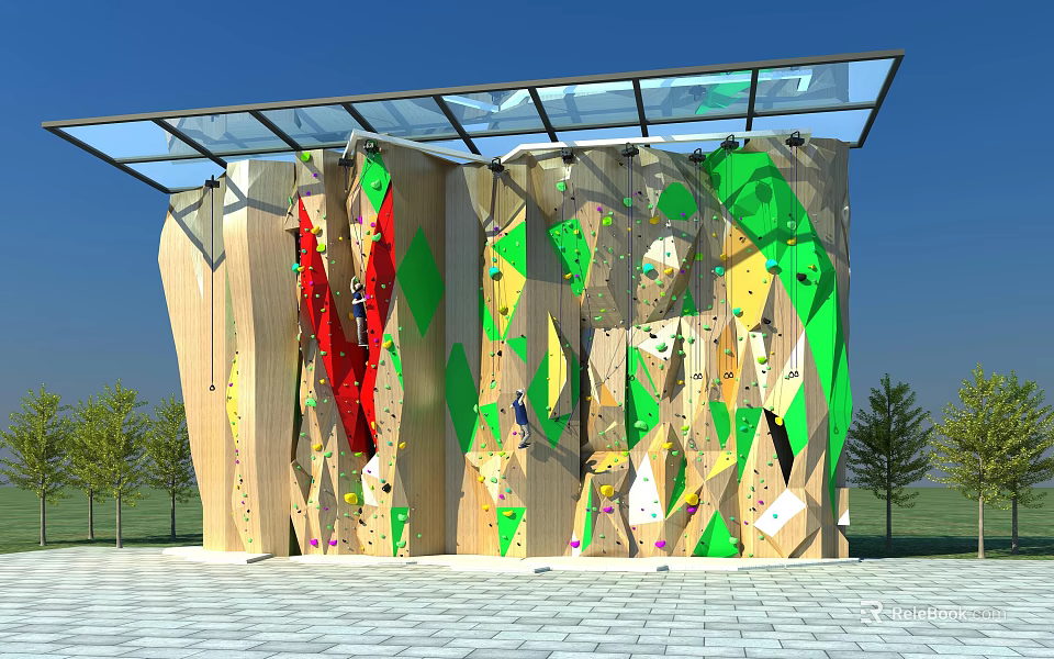 Outdoor Commercial Climbing Wall Equipment With Glass Roof And Colorful Holds 3d model 