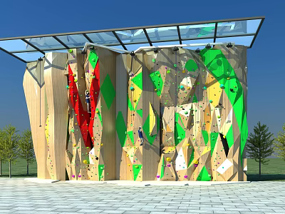 Outdoor Commercial Climbing Wall Equipment With Glass Roof And Colorful Holds 3d model
