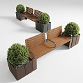 Modern Wooden Outdoor Bench With Armrests And Planters Featuring Green Shrubs