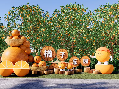Orange Themed Cartoon Sculptures In Park With Lush Orange Trees 3d model