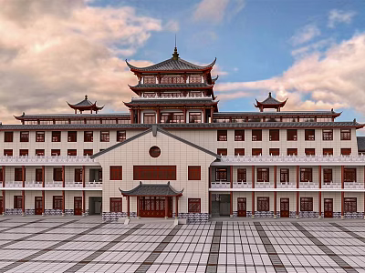 Traditional Ancient Architectural Structure with Multiple Tiered Roof Red Pillars Symmetrical Design and Paved Square 3d model